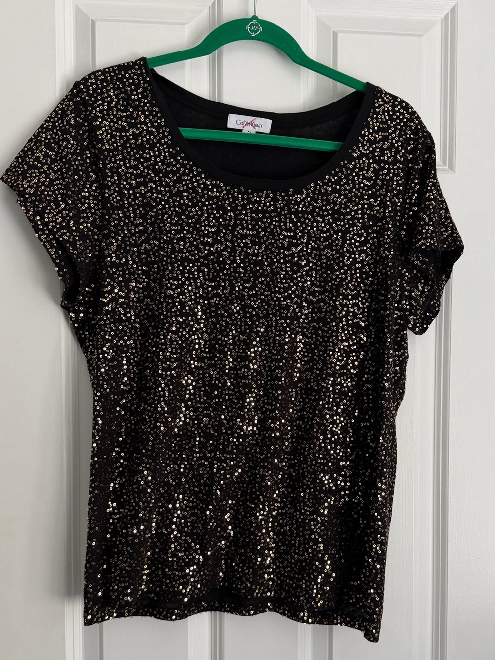 Calvin Klein Women’s Black Short-Sleeve Top with Gold Sequins XL